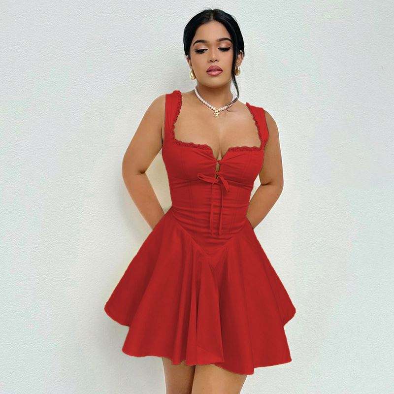 Grady Red Sleeveless Lace Pleated Mini Dress