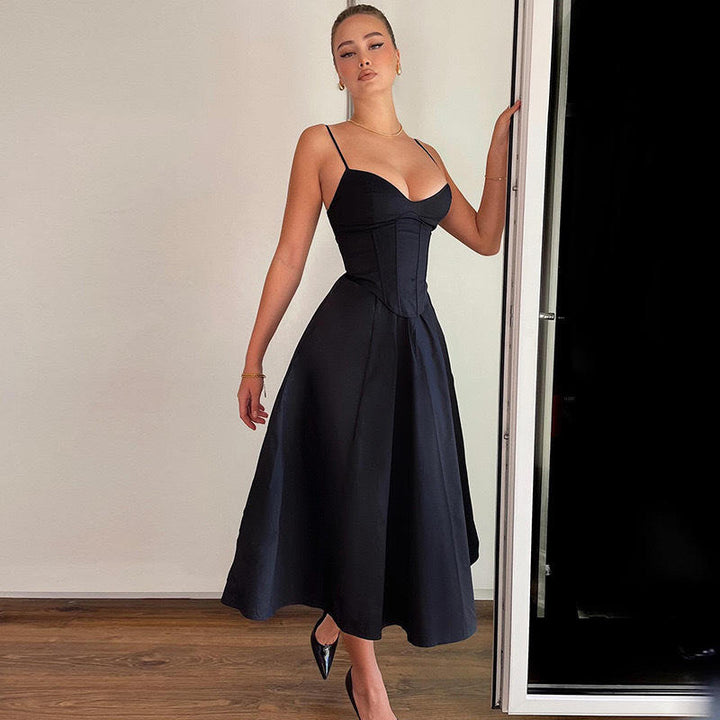 Karim Black A-Line Pleated Sleeveless Midi Dress