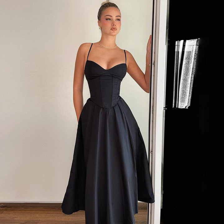 Karim Black A-Line Pleated Sleeveless Midi Dress