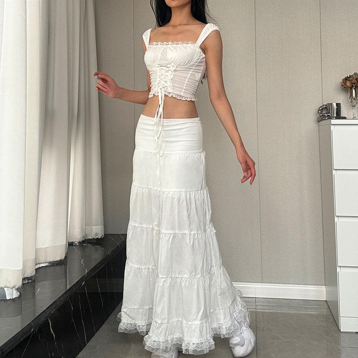 Elodie White Square Collar Lace Up Top and Stitching Lotus Leaf Skirt Set