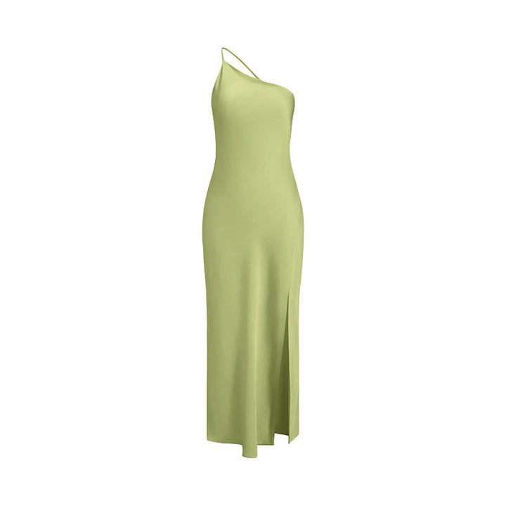 Sequoia Green Asymmetrical Shoulder with Slit Maxi Dress
