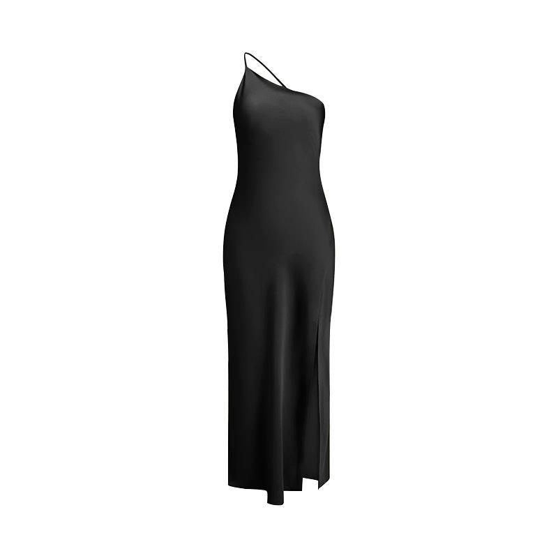 Sequoia Black Asymmetrical  Shoulder with Slit Maxi Dress