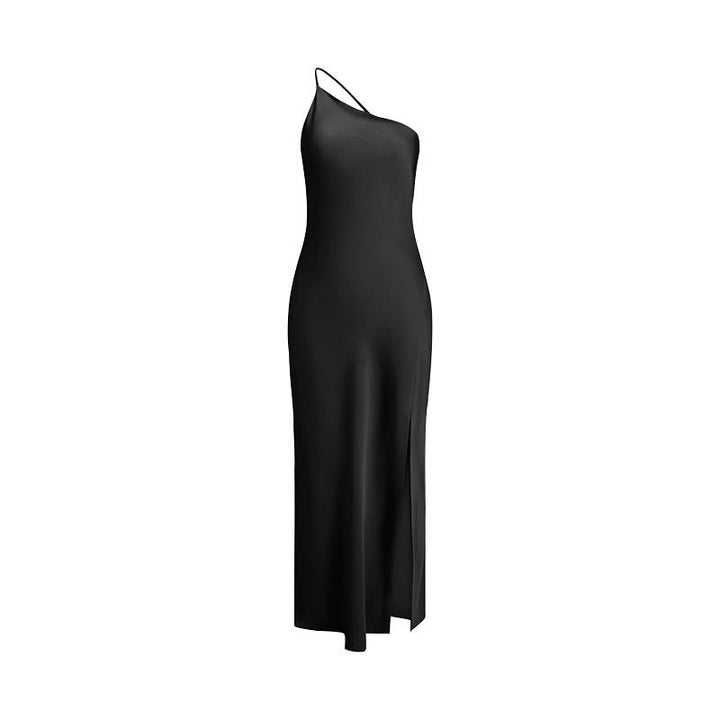 Sequoia Black Asymmetrical  Shoulder with Slit Maxi Dress