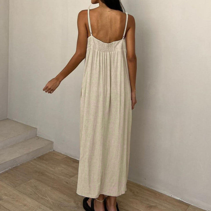 Aviva Beige Sleeveless Smocked Back Maxi Dress