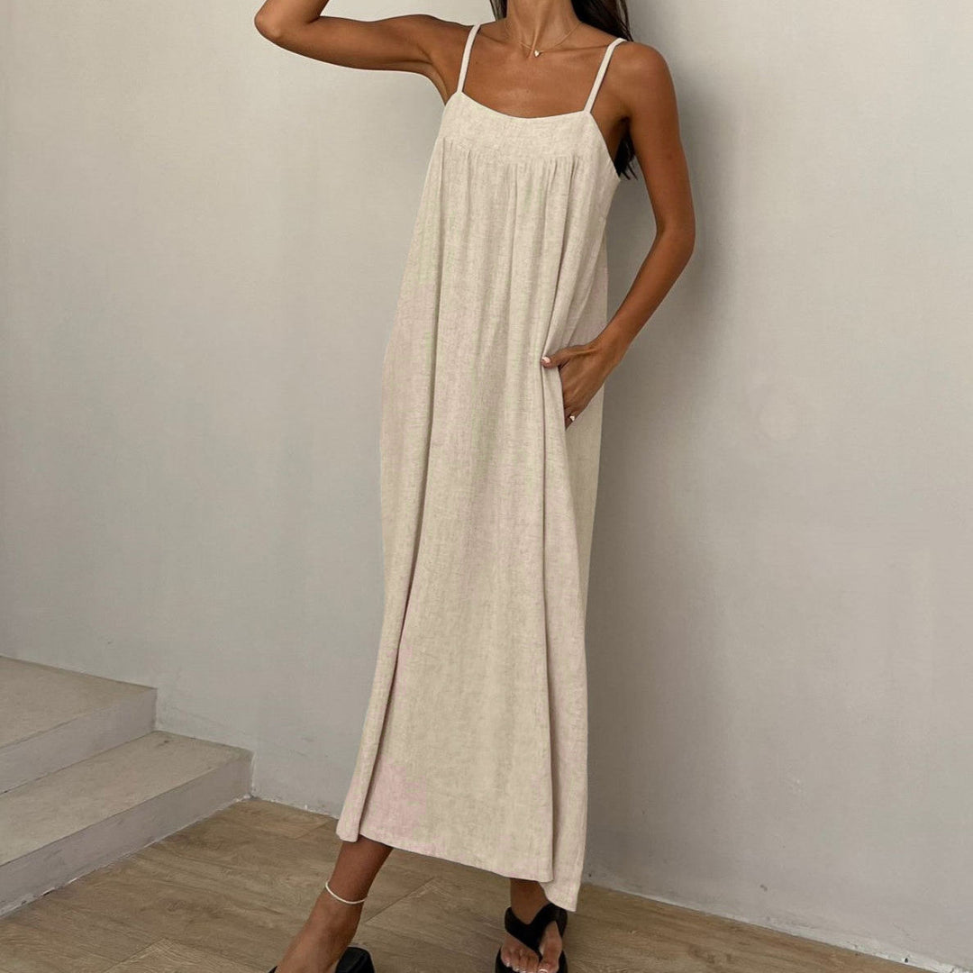 Aviva Beige Sleeveless Smocked Back Maxi Dress
