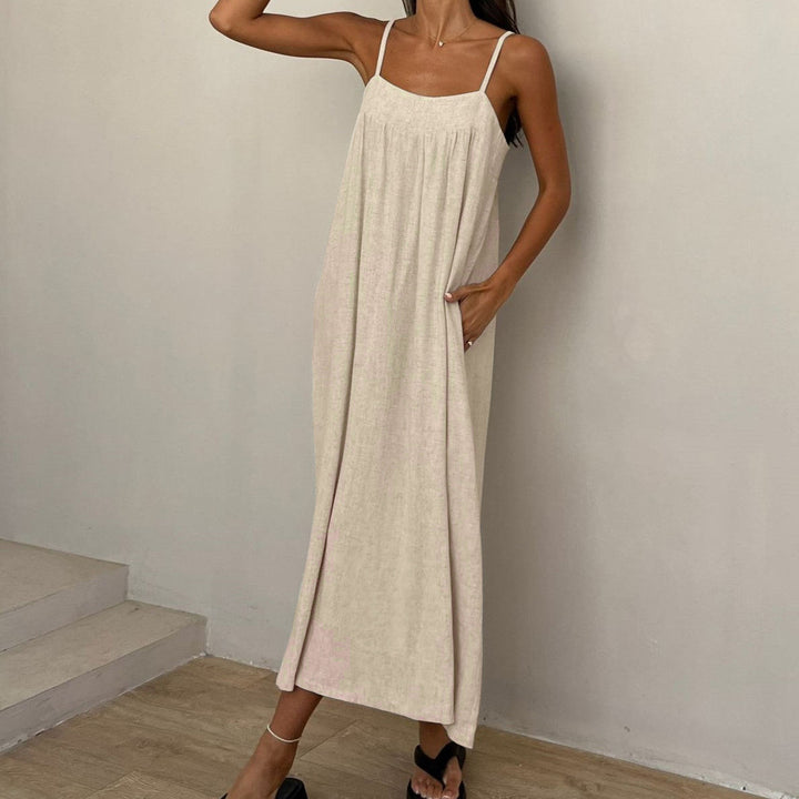 Aviva Beige Sleeveless Smocked Back Maxi Dress