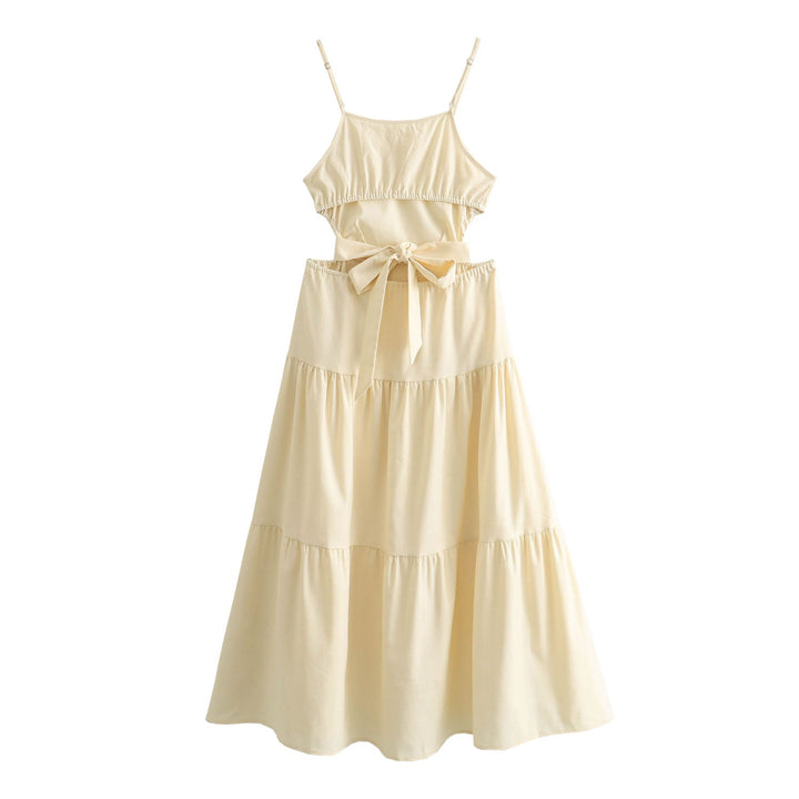 Galene Cream Back Hollow Out Bow Tie Spaghetti Strap Maxi Dress