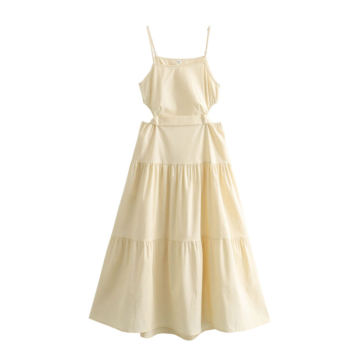 Galene Cream Back Hollow Out Bow Tie Spaghetti Strap Maxi Dress