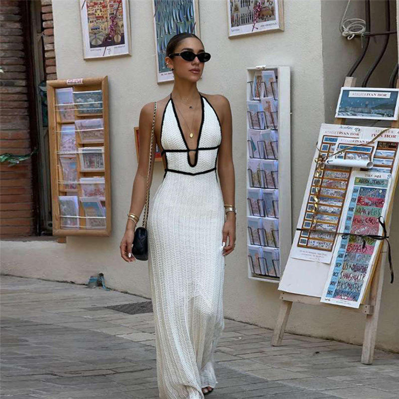 Liesl White Halter V-Neck Knitted Maxi Dress