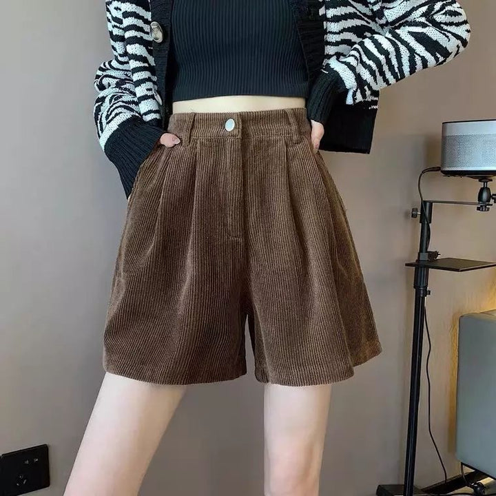 Erina  Brown Corduroy High Waist A-line Shorts
