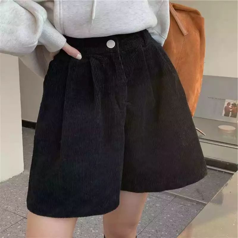 Erina Black Corduroy High Waist A-line Shorts