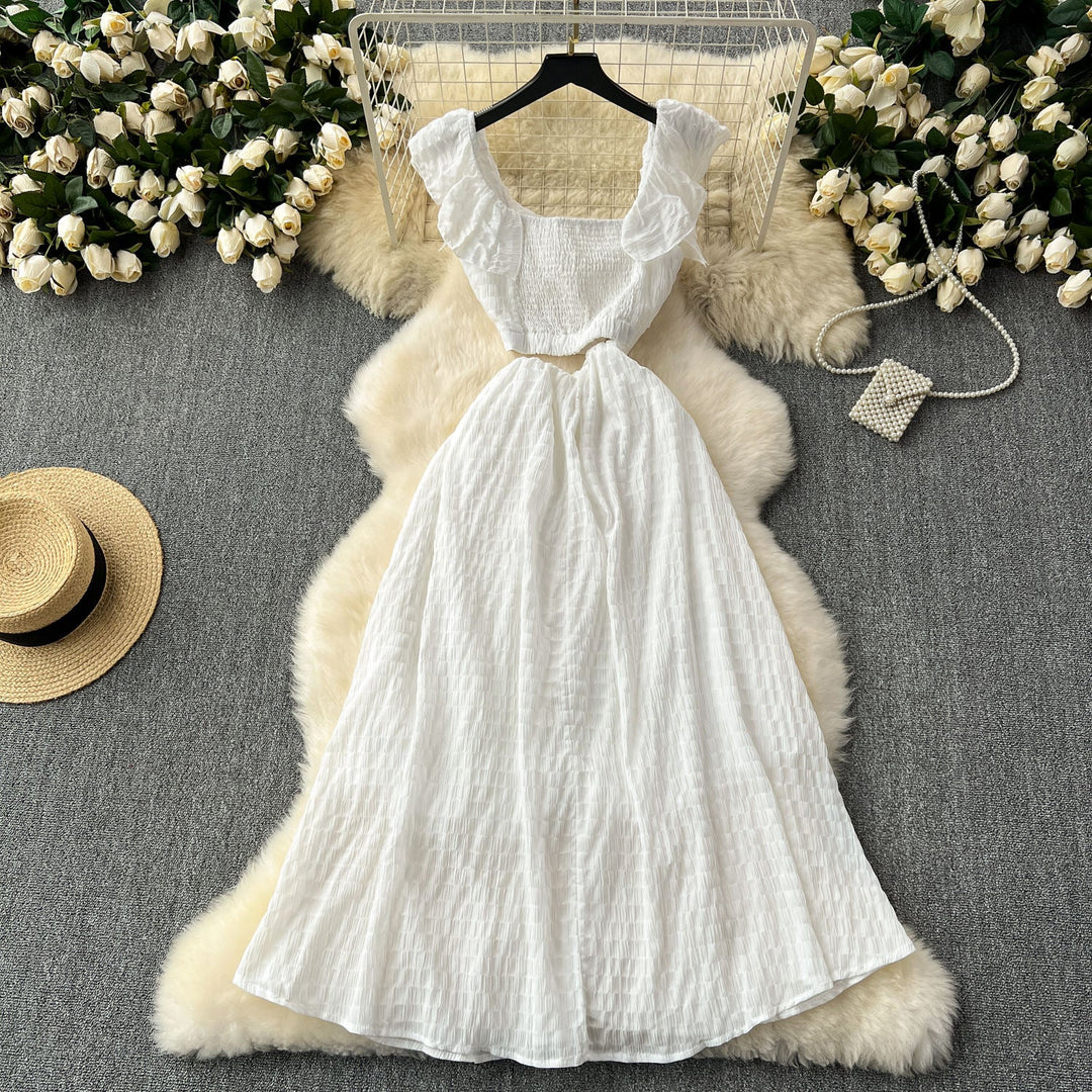 Amiya White Fairycore  Empire Hollow Out Lace Midi Dress