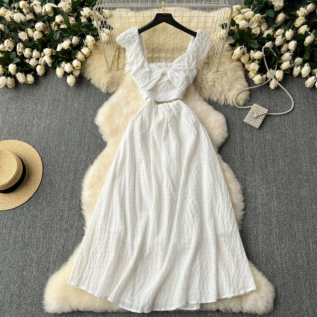 Amiya White Fairycore  Empire Hollow Out Lace Midi Dress