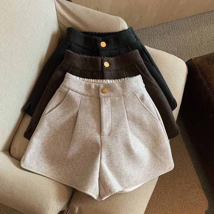 Cressida Dark Gray High Waist  Thick Woolen Split Wide Leg Shorts