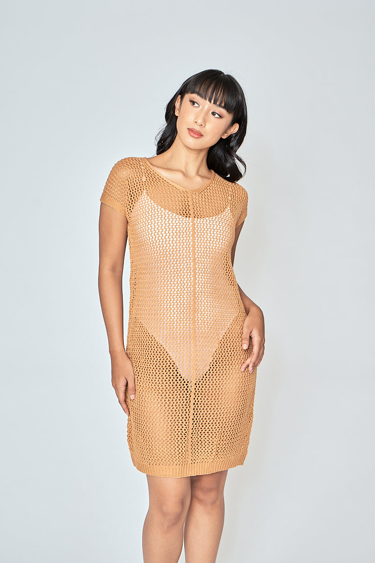 Jyra Orange Mesh Knitted Sleeveless Mini Dress