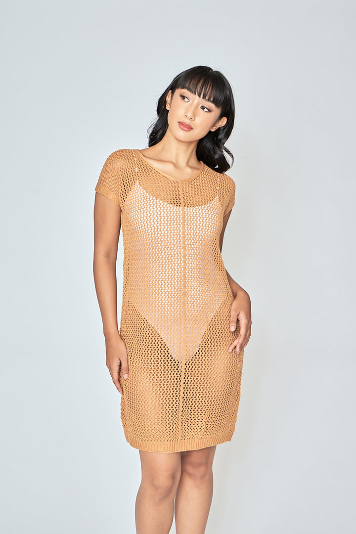 Jyra Orange Mesh Knitted Sleeveless Mini Dress