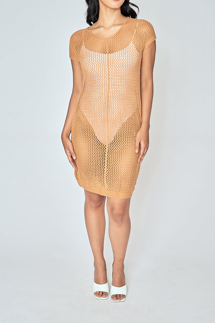 Jyra Orange Mesh Knitted Sleeveless Mini Dress