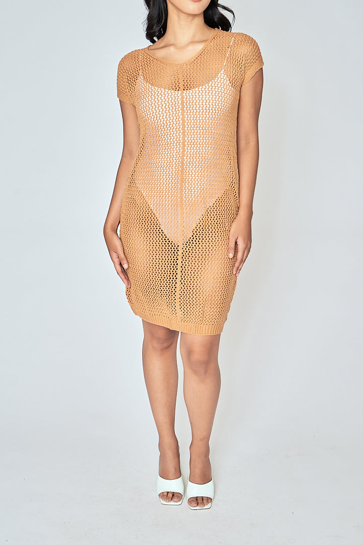 Jyra Orange Mesh Knitted Sleeveless Mini Dress