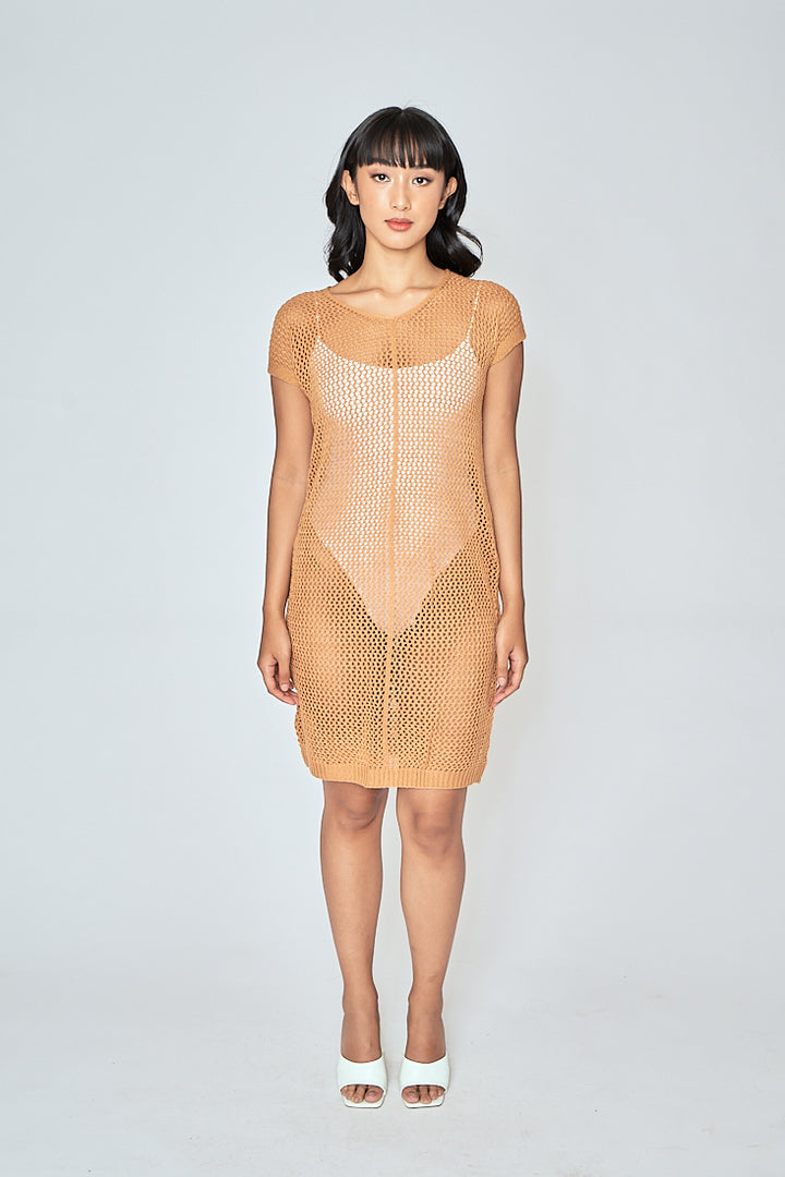 Jyra Orange Mesh Knitted Sleeveless Mini Dress