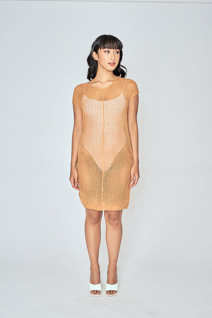Jyra Orange Mesh Knitted Sleeveless Mini Dress