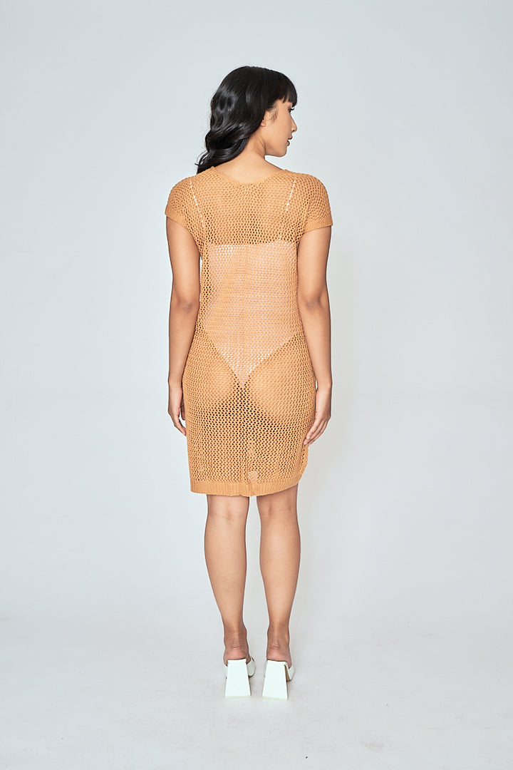 Jyra Orange Mesh Knitted Sleeveless Mini Dress