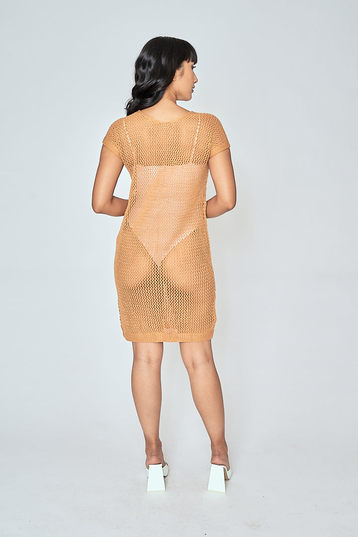 Jyra Orange Mesh Knitted Sleeveless Mini Dress