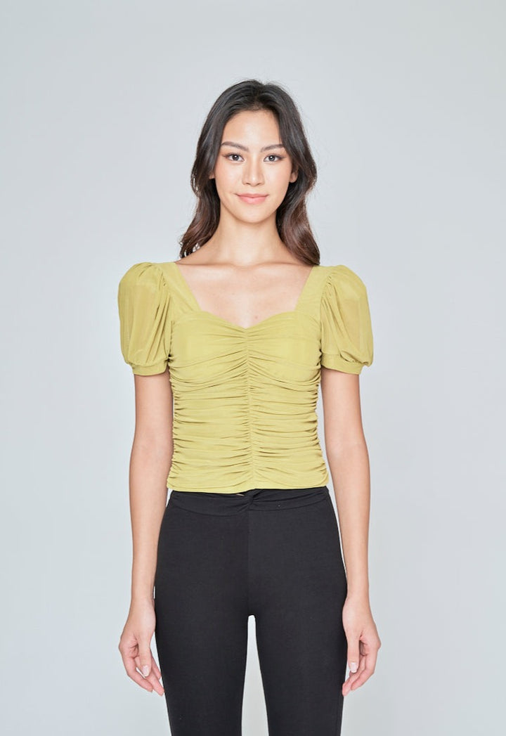 Miles Apple Green Sweetheart Neckline Padded Puff Sleeve Top