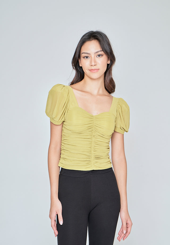 Miles Apple Green Sweetheart Neckline Padded Puff Sleeve Top