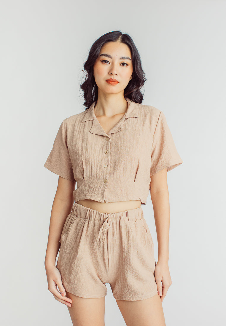 Iya Brown Padded Bra, Shortsleeve Buttondown Top and Lounge Short 3-piece Set