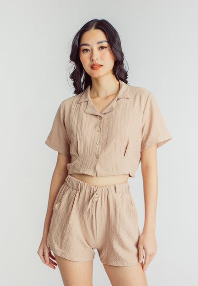 Iya Brown Padded Bra, Shortsleeve Buttondown Top and Lounge Short 3-piece Set