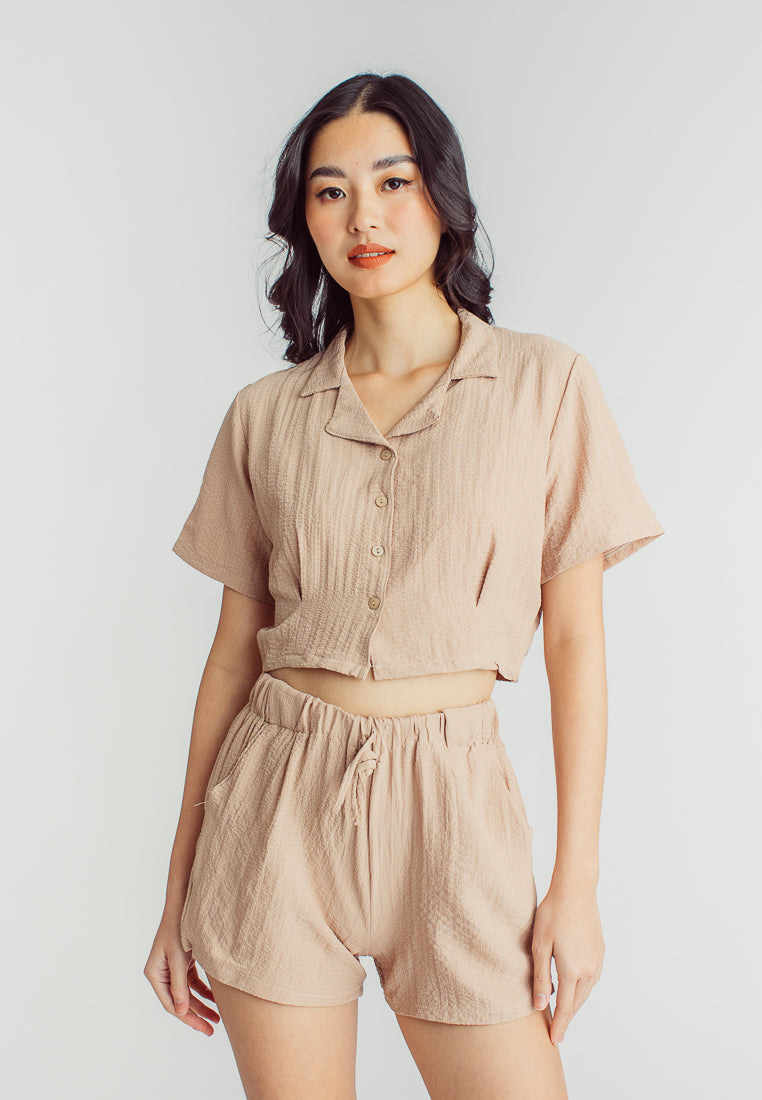 Iya Brown Padded Bra, Shortsleeve Buttondown Top and Lounge Short 3-piece Set
