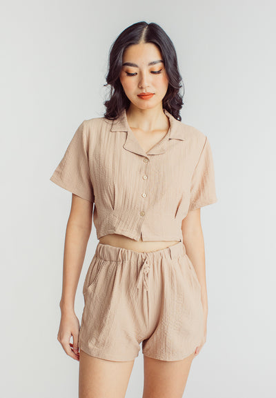 Iya Brown Padded Bra, Shortsleeve Buttondown Top and Lounge Short 3-piece Set