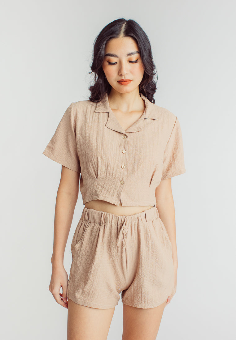 Iya Brown Padded Bra, Shortsleeve Buttondown Top and Lounge Short 3-piece Set