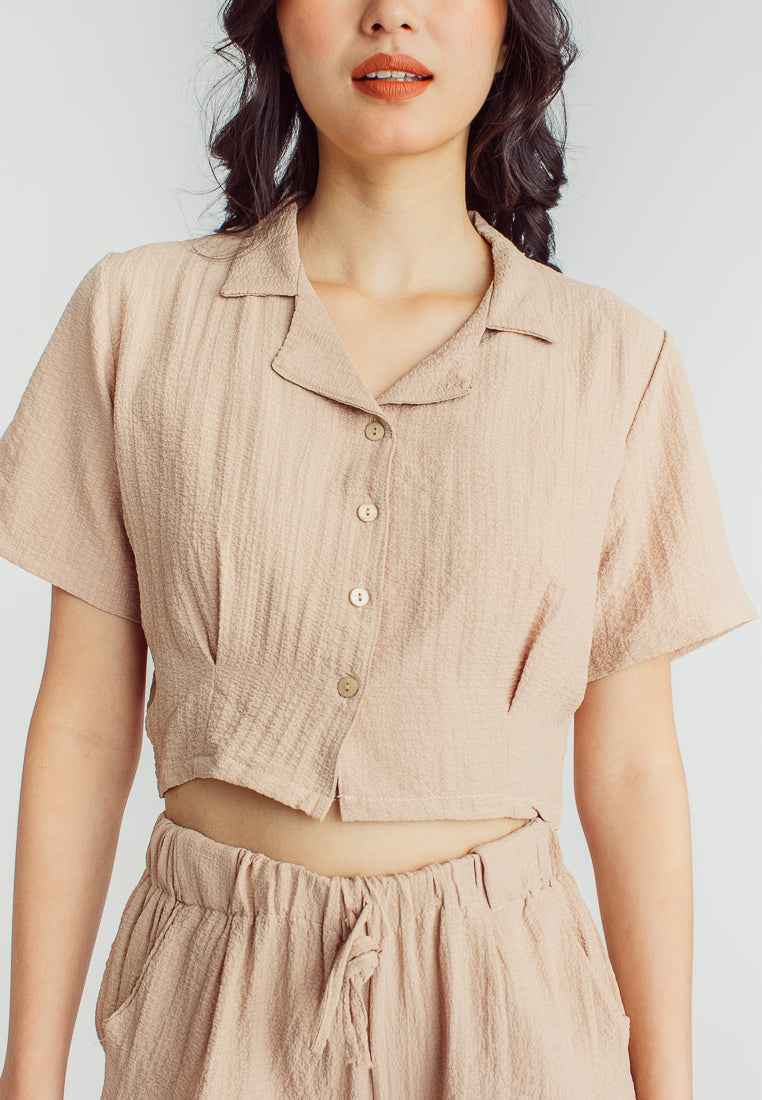 Iya Brown Padded Bra, Shortsleeve Buttondown Top and Lounge Short 3-piece Set