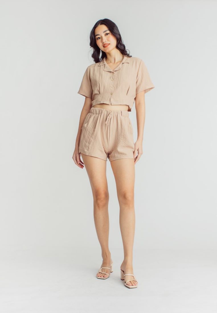 Iya Brown Padded Bra, Shortsleeve Buttondown Top and Lounge Short 3-piece Set