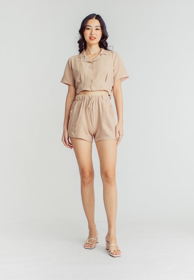 Iya Brown Padded Bra, Shortsleeve Buttondown Top and Lounge Short 3-piece Set