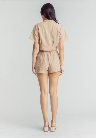 Iya Brown Padded Bra, Shortsleeve Buttondown Top and Lounge Short 3-piece Set