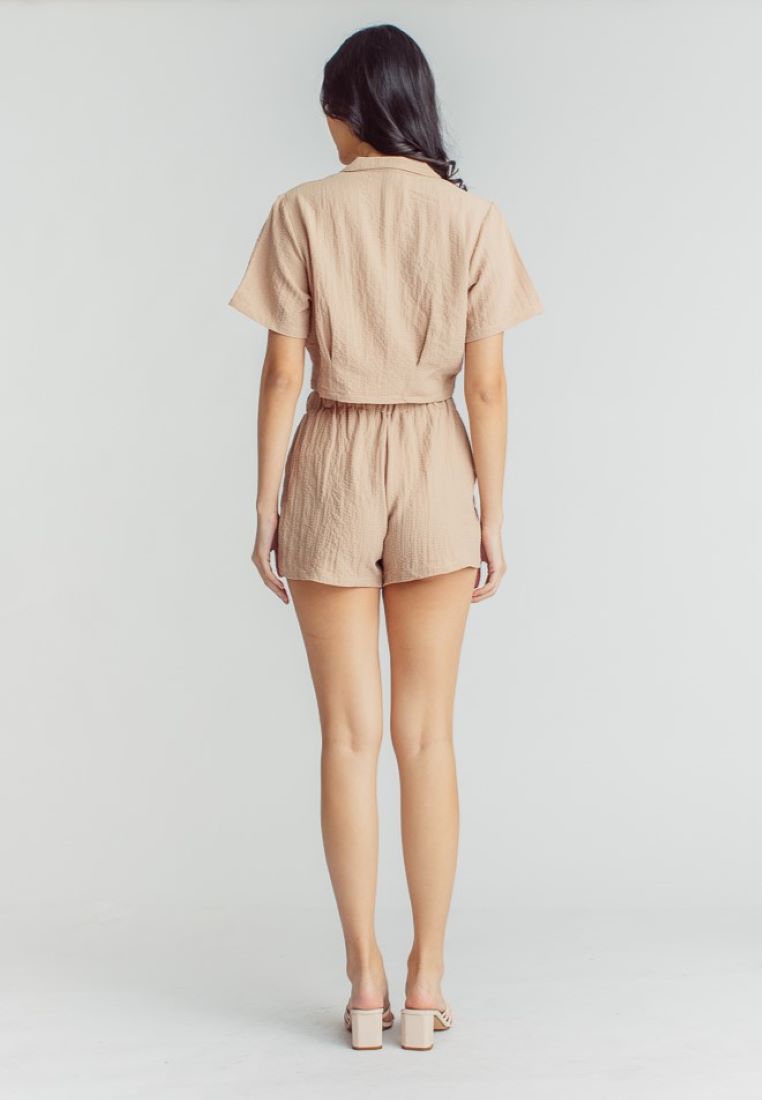 Iya Brown Padded Bra, Shortsleeve Buttondown Top and Lounge Short 3-piece Set