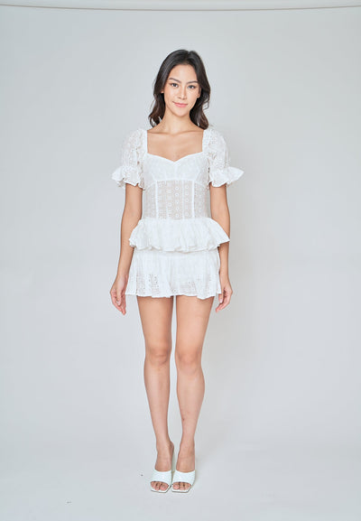 Rannelyn White Eyelet V Neck Puff Sleeves Layer Mini Dress