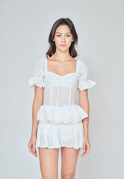 Rannelyn White Eyelet V Neck Puff Sleeves Layer Mini Dress
