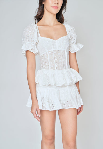 Rannelyn White Eyelet V Neck Puff Sleeves Layer Mini Dress