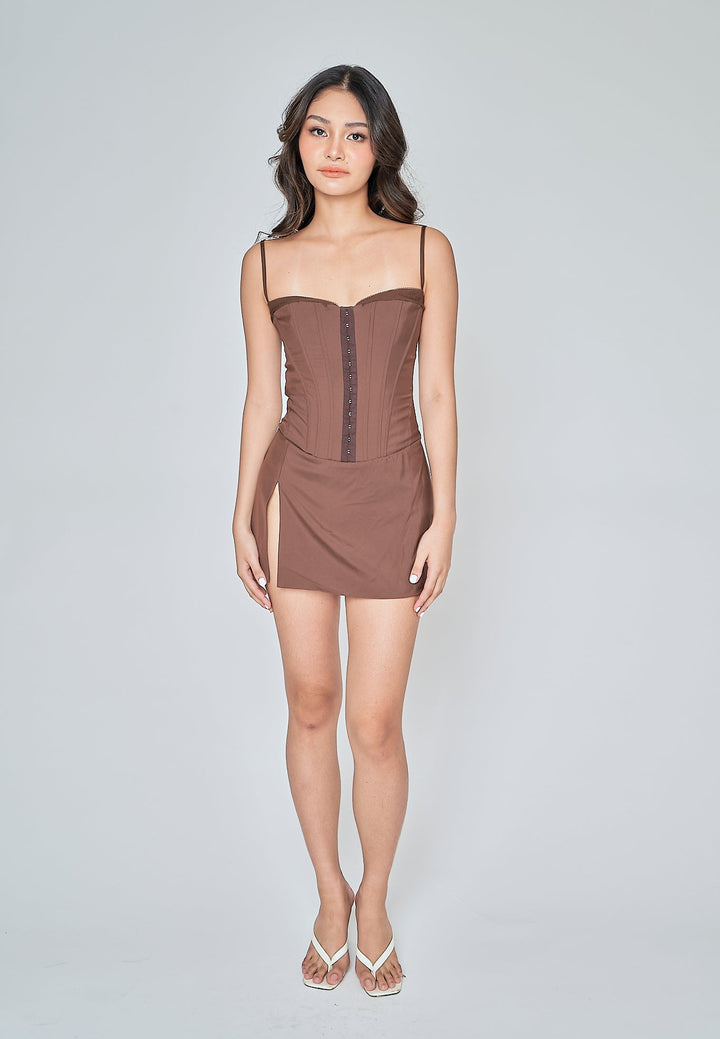 Olivia Deep Brown Sleeveless Hook Closure Boned Mini Dress with Slit