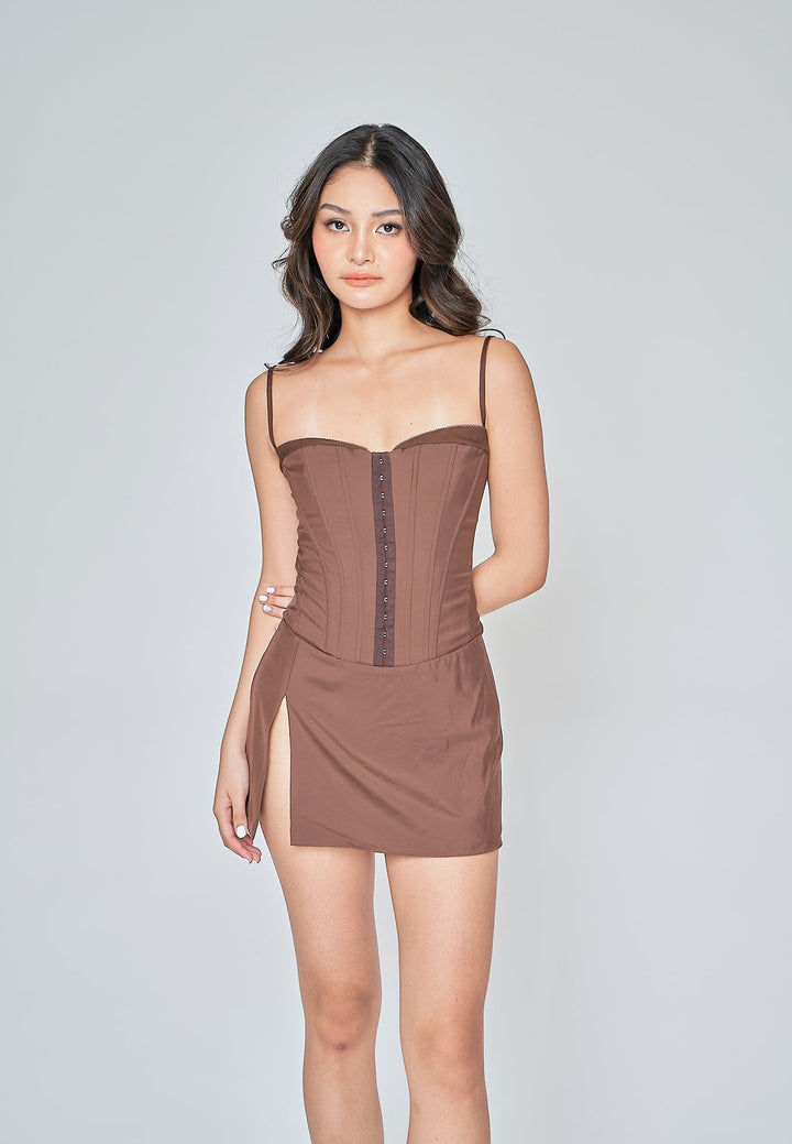 Olivia Deep Brown Sleeveless Hook Closure Boned Mini Dress with Slit