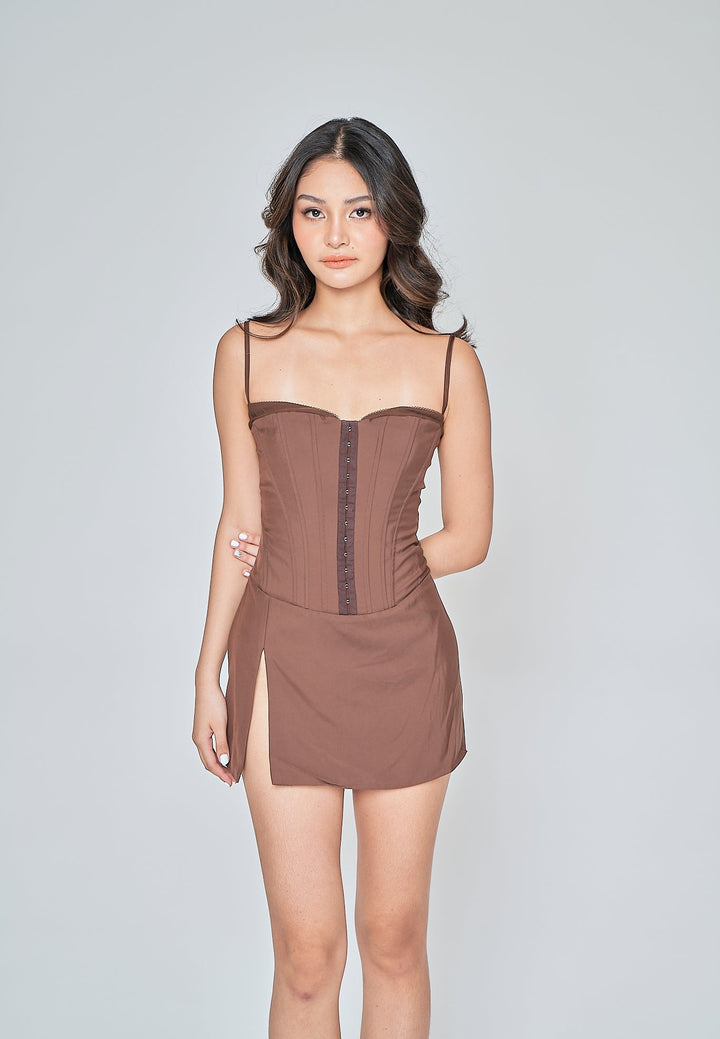 Olivia Deep Brown Sleeveless Hook Closure Boned Mini Dress with Slit