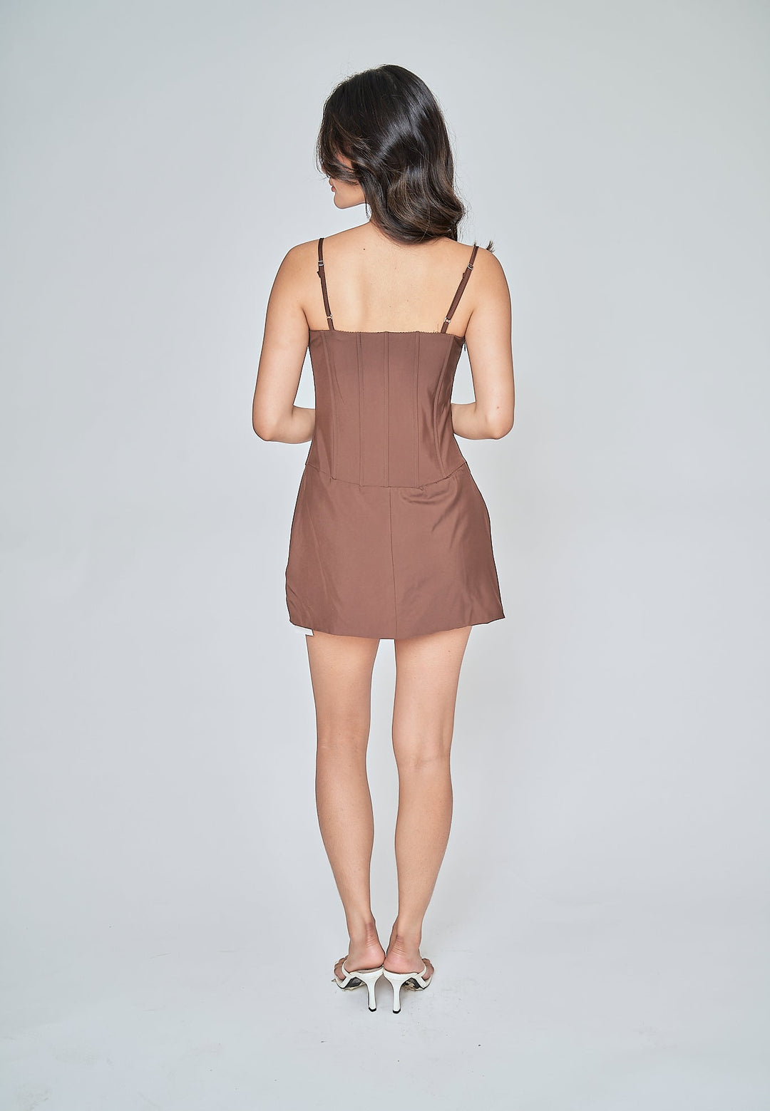 Olivia Deep Brown Sleeveless Hook Closure Boned Mini Dress with Slit