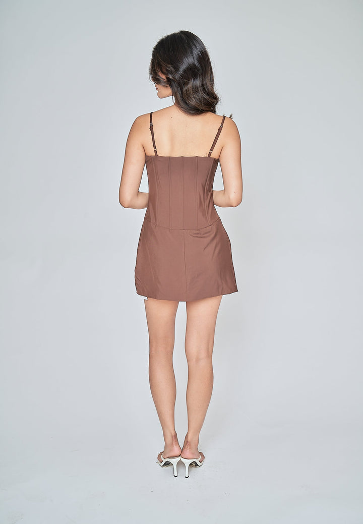 Olivia Deep Brown Sleeveless Hook Closure Boned Mini Dress with Slit