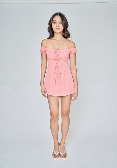 Ayanna Pink Tie Square Neck Short Sleeves Button Details Mini Dress