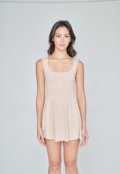 Rani Beige Scoop Neck Sleeveless Wide Strap Mini Dress