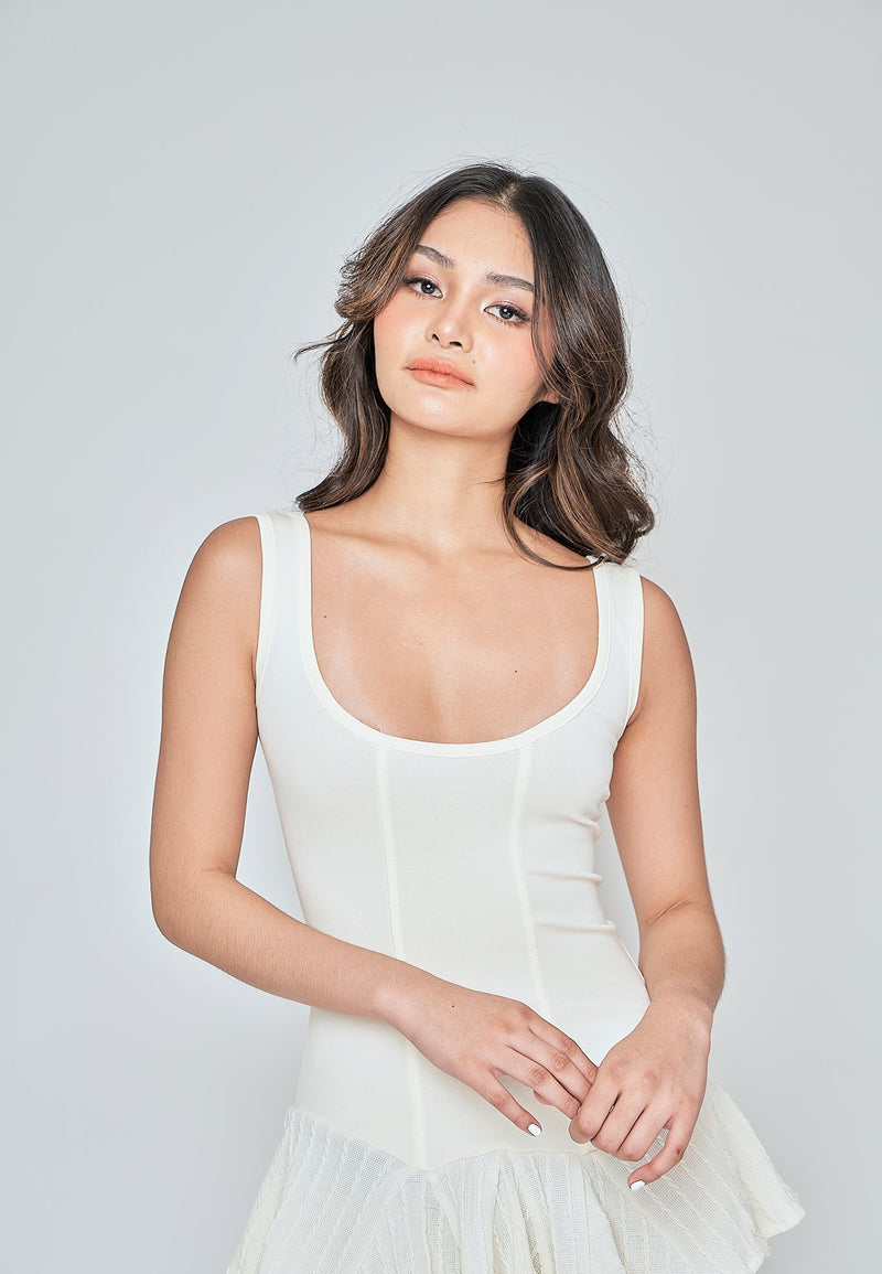 Kelli Cream Square Neck Sleeveless Ruffle Hem Lined Mini Dress
