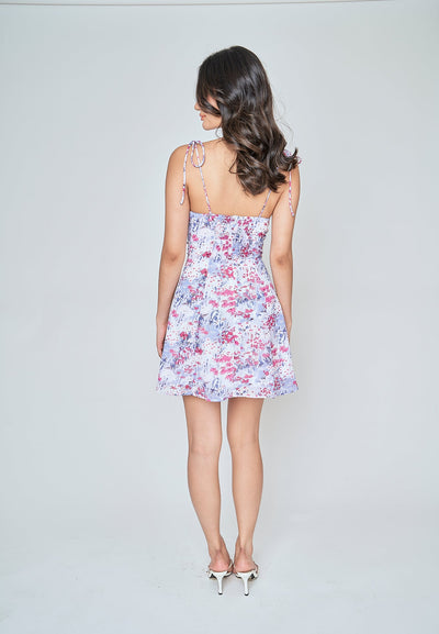 Dana Purple Floral Print Sleeveless Self Tie Straps Mini Dress